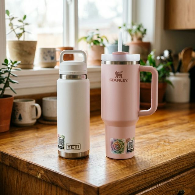 Yeti and Stanley Tumblers with HeyFound.it Stickers